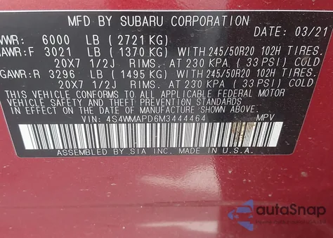 2021 Subaru Ascent Limited z USA, uszkodzony, nr VIN 4S4WMAPD6M3444464